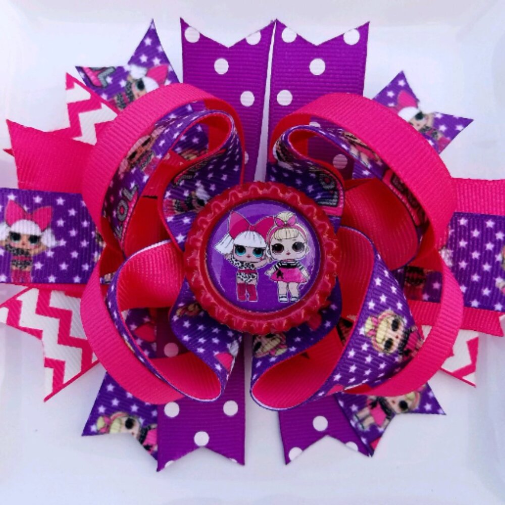 LOL Dolls Theme Hot Pink Purple White Bottle Cap Hair Bow 5"